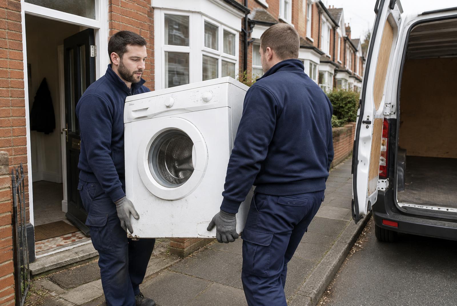 Two technicians carrying an old washing machine out of a terraced house to a van