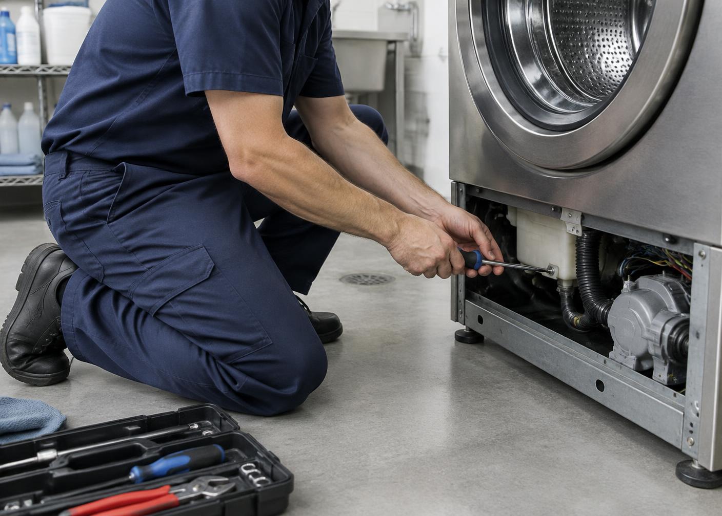 Engineer servicing a washing machine with tools beside him