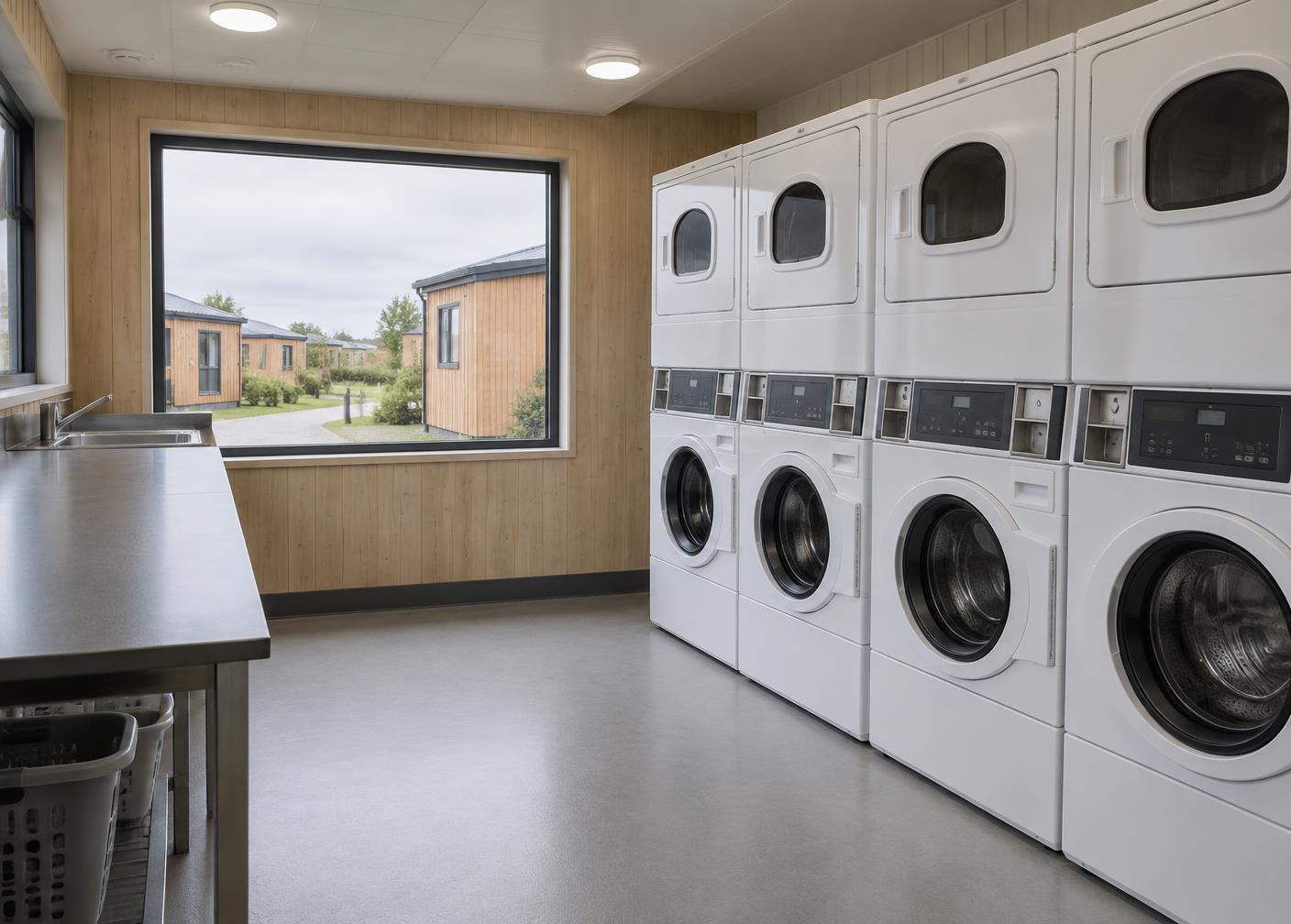 Holiday park laundry room with stacked commercial washers and dryers