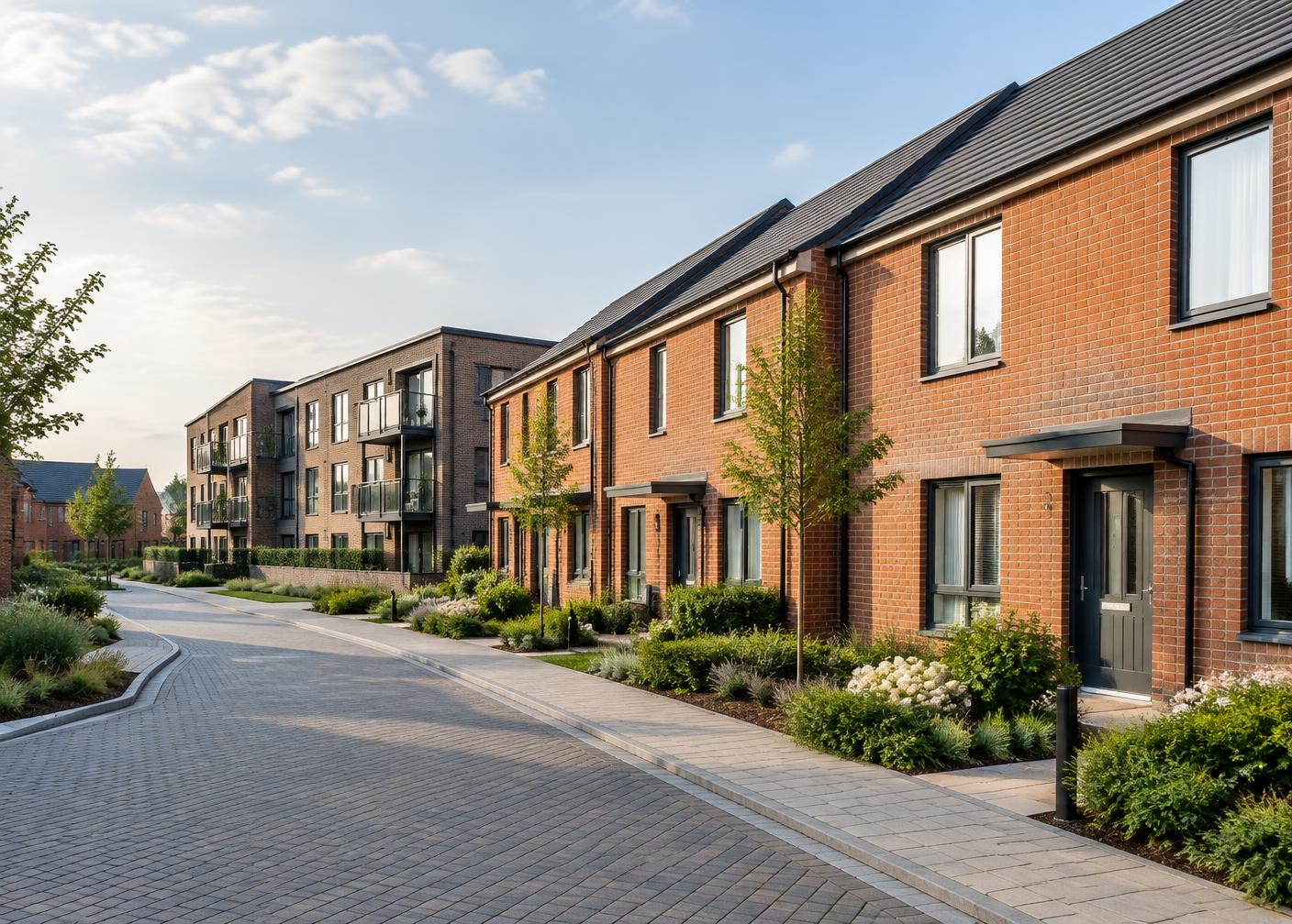 Modern residential housing development with brick homes and apartments