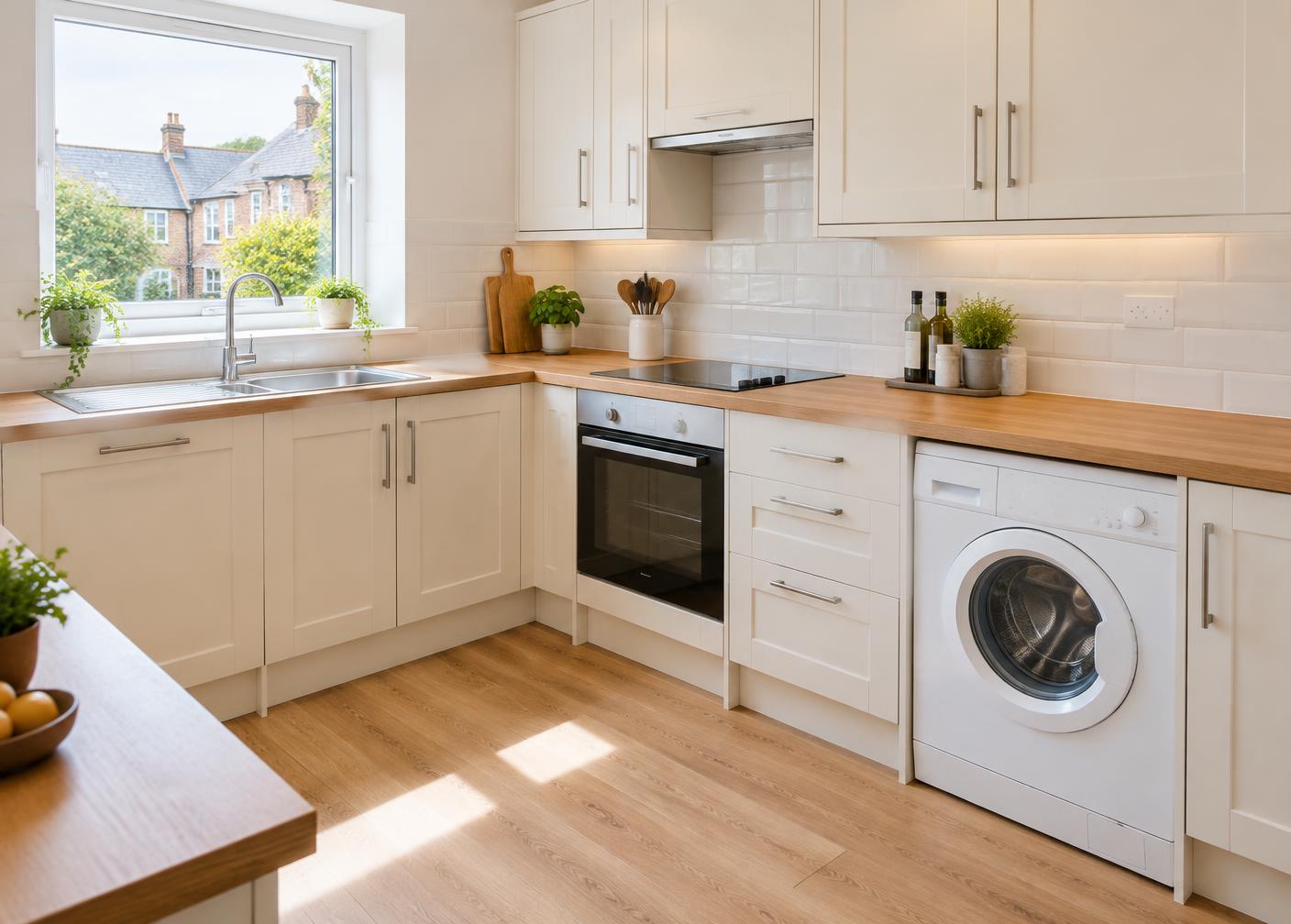 Rental flat kitchen with a newly installed washing machine