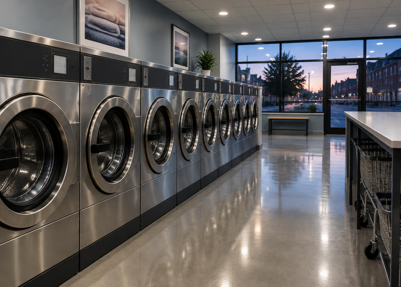 Laundrette interior with a row of stainless steel commercial washing machines