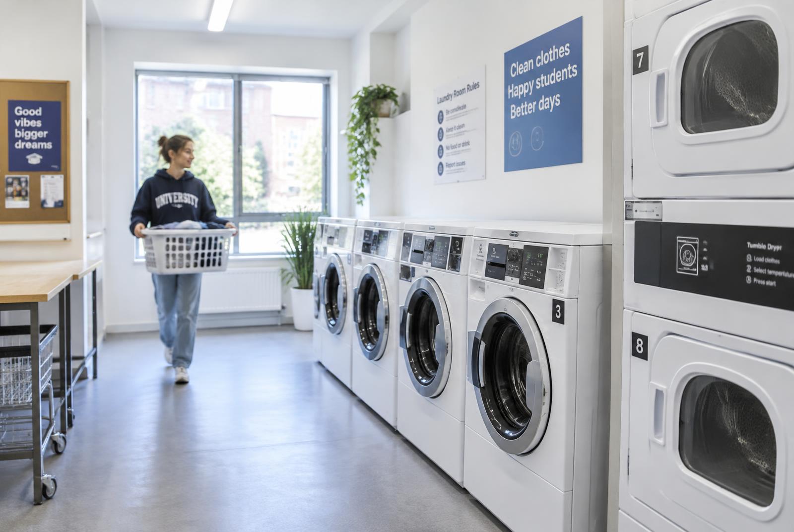 Student carrying a laundry basket through a bright shared laundry room